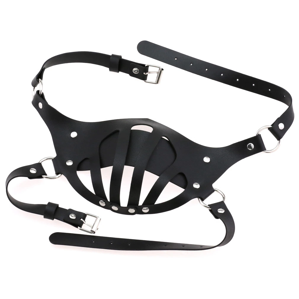 Bdsm Black Leather Harness-Type Headgear with Mouth Plug Funny Bondage Fetish Head Hood Headgear Sex Toys for Sm Game Play