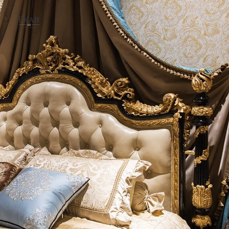 Estilo europeu clássico Antique quarto mobiliário Set esculpido madeira Rei Cama de casal