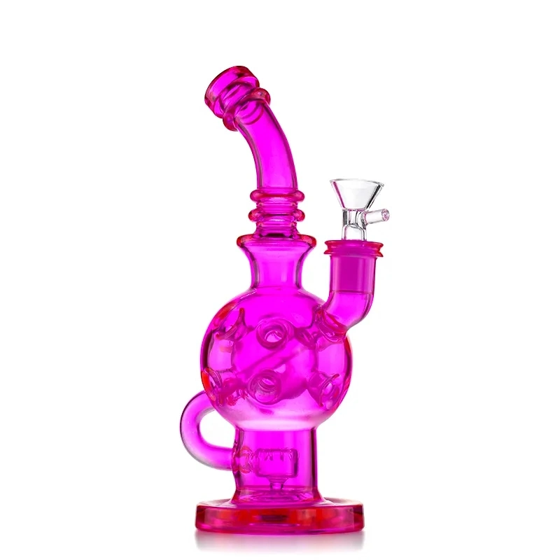 9.2 Inches Recycler Bent Type Hookah Pink Color Glass with Swiss Percolator and 14mm Female Joint