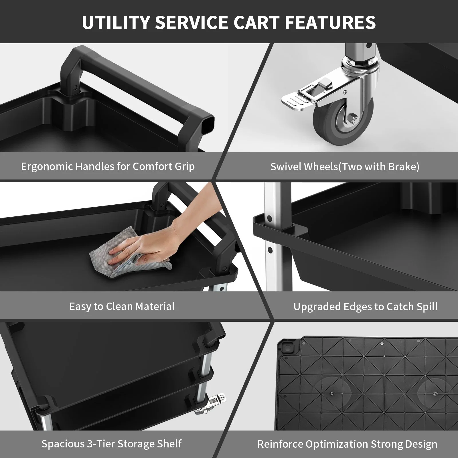 Factory Price Plastic 3-Tier Storage Rolling Hand Carts Trolleys with Handle