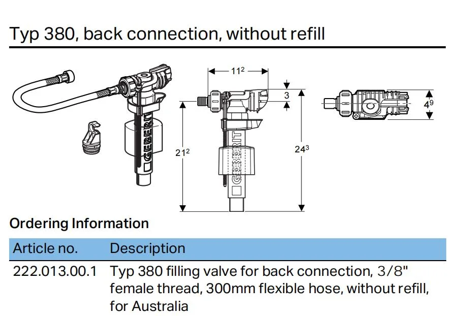 013 Geberit 3/8"Conexión Typ380 Conexión posterior válvula de llenado cisterna Conexiones