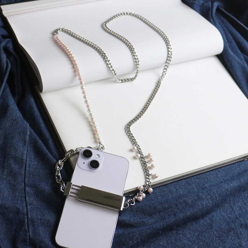 Pink Ball Bead Metal Chain Phone Clip Universal Heart Shape Pearl Messenger Strap Phone Case Accessories