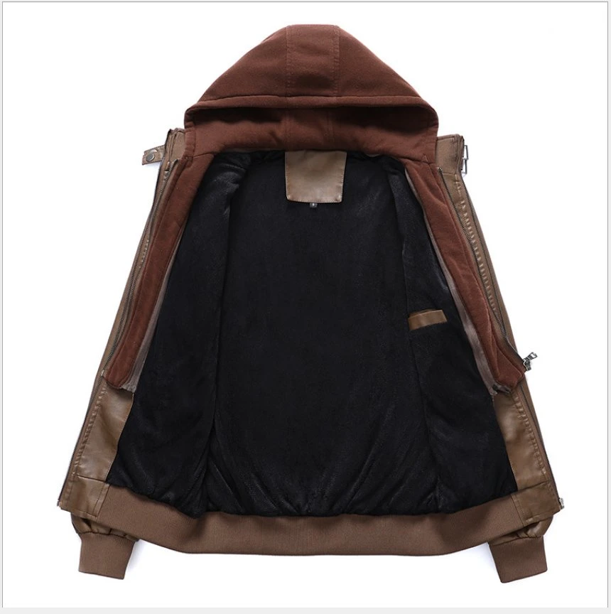 Men&prime; S Leather Jacket Jacket Thickened Plus Velvet Warm PU Leather Detachable Hood Leather Jacket