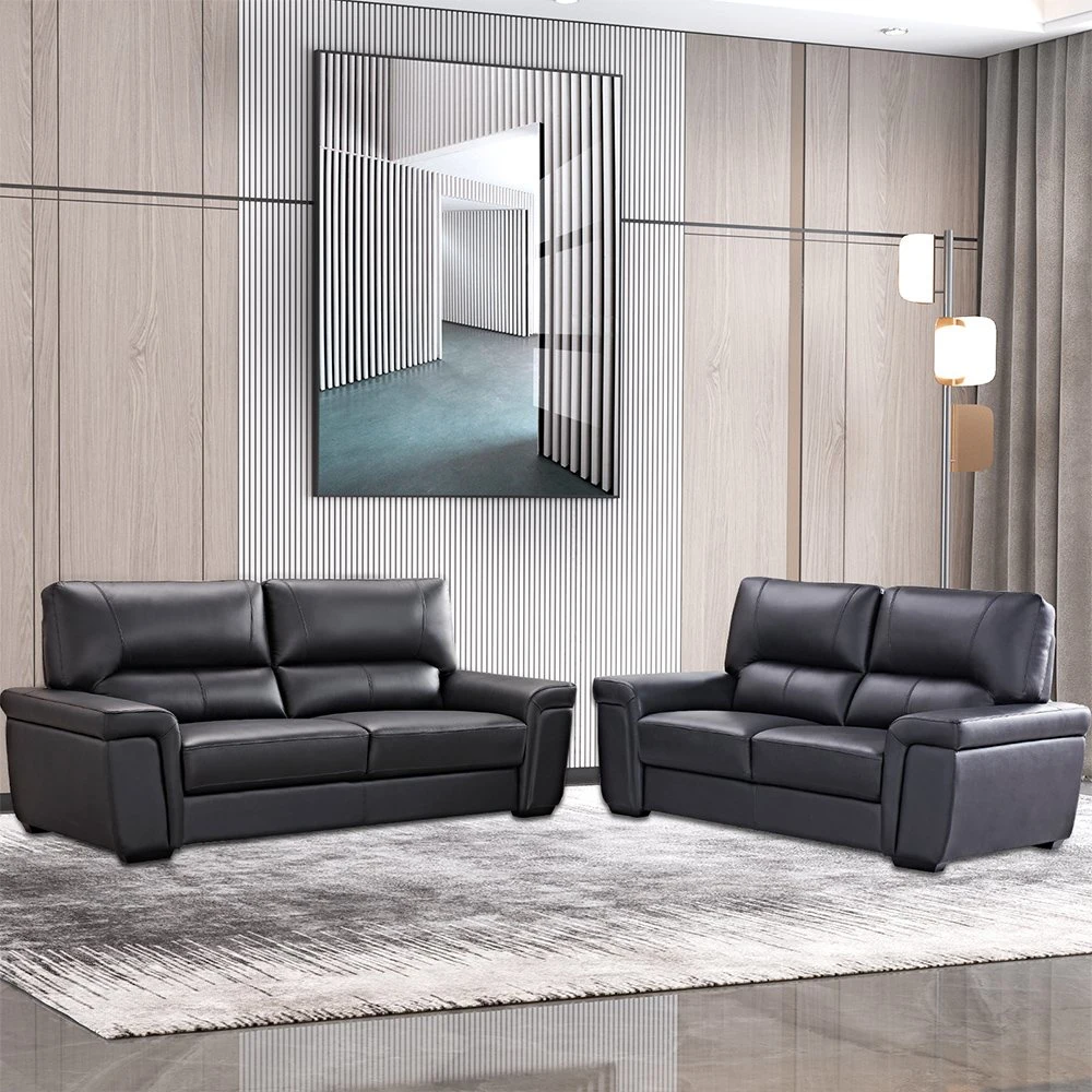 Home Black Wooden Genuine Grain Leather Sofa for Living Room Furniture Set