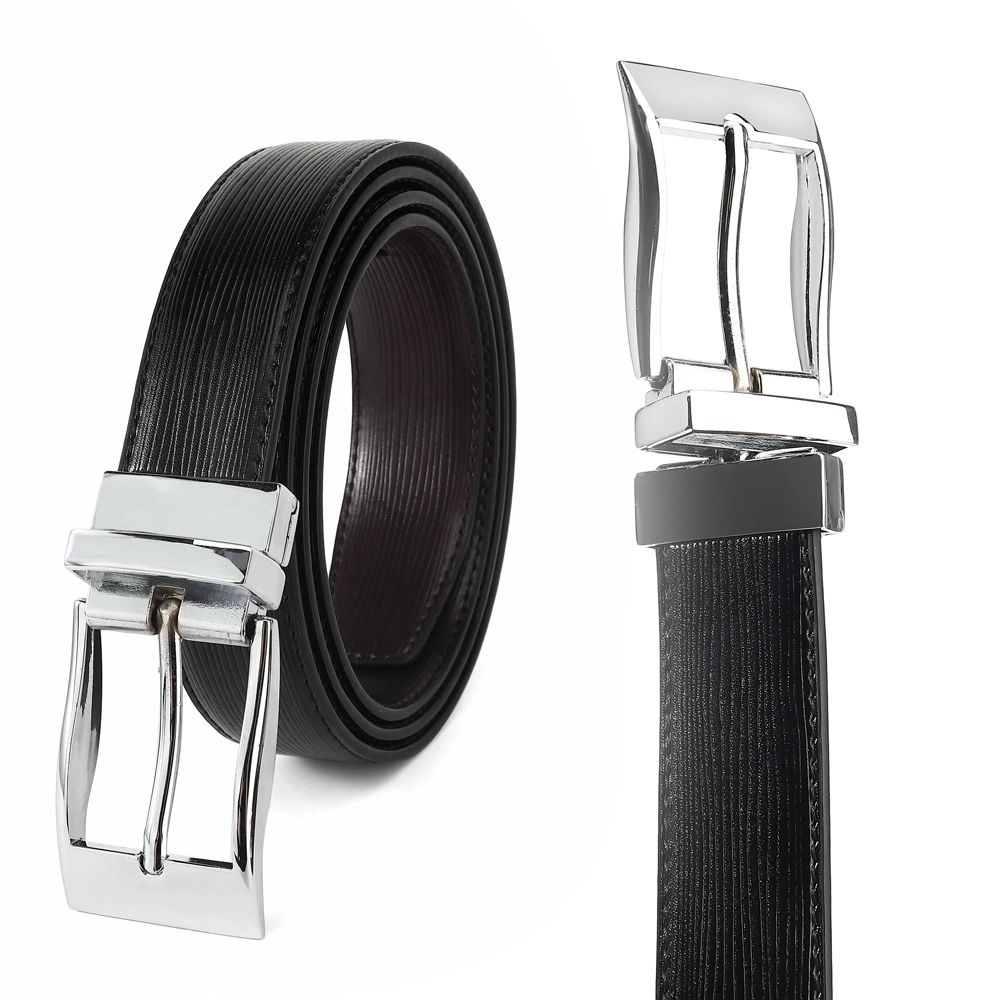 Custom Men&prime; S Black Brown Double Side Reversible Rotated Buckle Genuine Leather Men Dress Belt