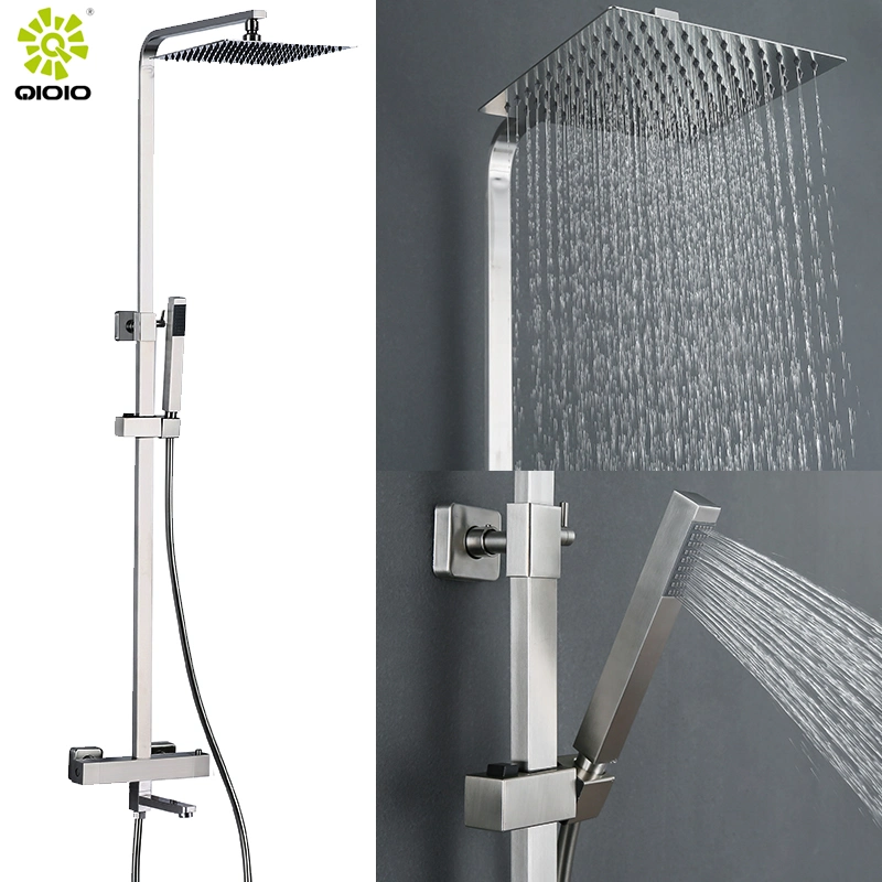 Jiangmen Factory Wholesale/Supplier European Style 304 Stainless Steel Square Hot and Cold Bathroom Wall Mounted Thermostatic Shower Faucet Mixer Tap Kits