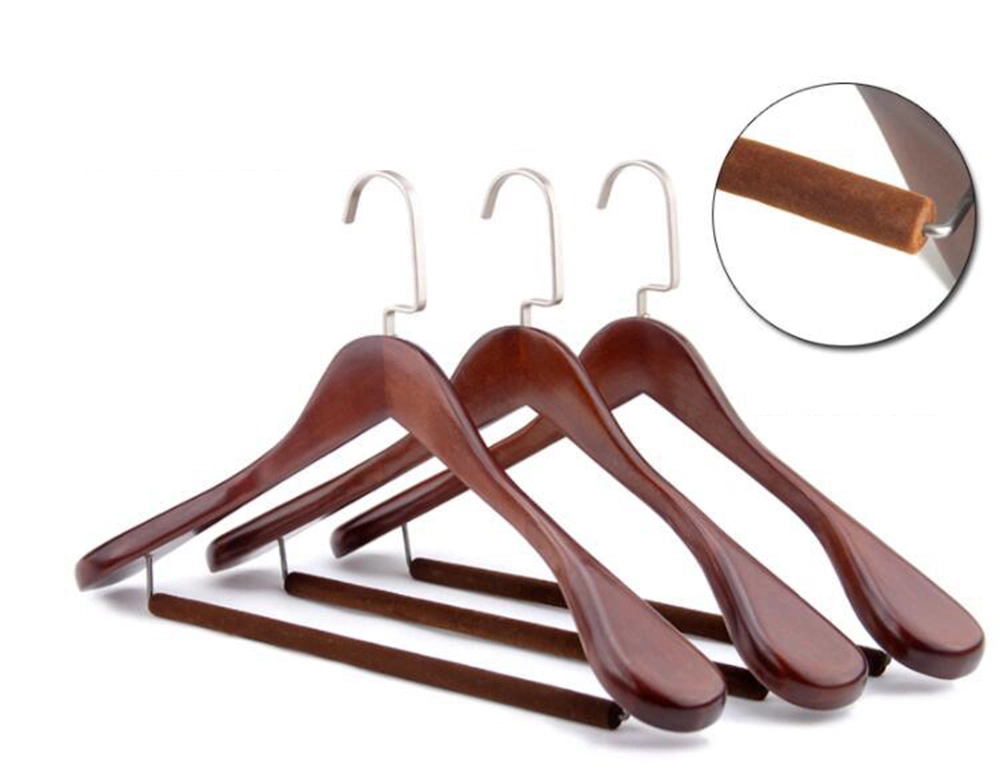 Wooden Top Clothes Hangers in Natural/Brown with Extra Wide Shoulders and Non Slip Bar for Suits/Coats