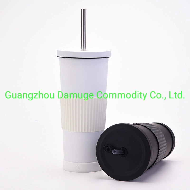 Large Capacity Warehouse 800ml Portable Double Layer Stainless Steel Vacuum Coffee Cup Eco-Friendly Outdoor Sport Straight Bottle with Silicone Waist Straw