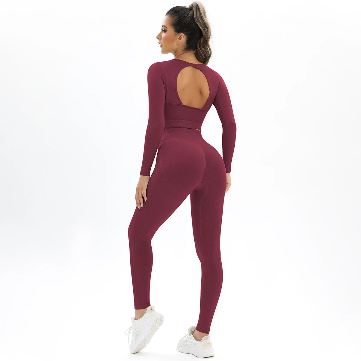 Peach Seamless Knitting Backless High Elastic Long Sleeve Yoga Suit Sports Running Fitness Two-Piece Female