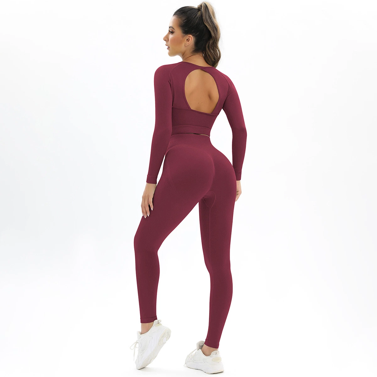 Perfecta Backless durazno tejido elástico alto de manga larga traje Yoga fitness femenino de Deportes de la ejecución de dos piezas