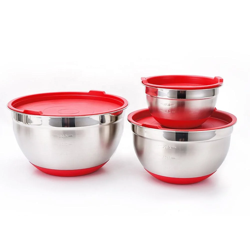 304 Stainless Steel Salad Mixing Bowls with Cover Lid and Non-Skid Silicone Base