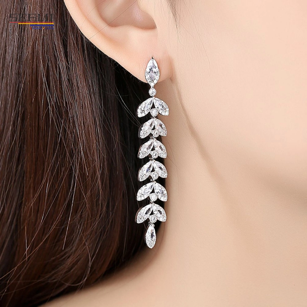 Factory Wholesale/Supplier AAA Zircon Long Leaf Brass Earrings