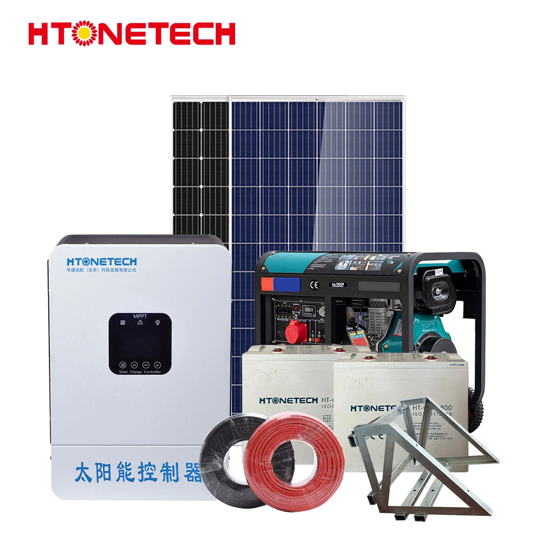 Htonetech 10FT نظام الطاقة الشمسية للحاويات خارج صناعة الشبكات الصين 38kw مولد الديزل التوربيني بالوجه ثنائي الوجه بقوة 600 واط ذو اللوحة الشمسية بقدرة 3 كيلوواط النظام