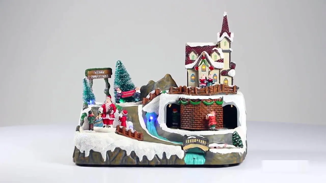 Resin Musical Christmas Village Houses with Santa and Snow Scene Ornament