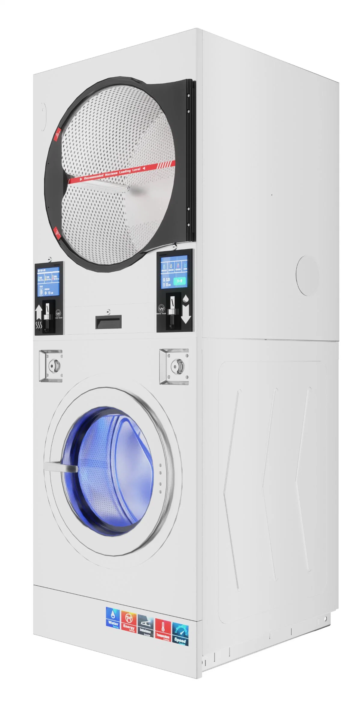 Machine à laver et sécheuse superposées avec chauffage électrique au gaz pour une laverie automatique.