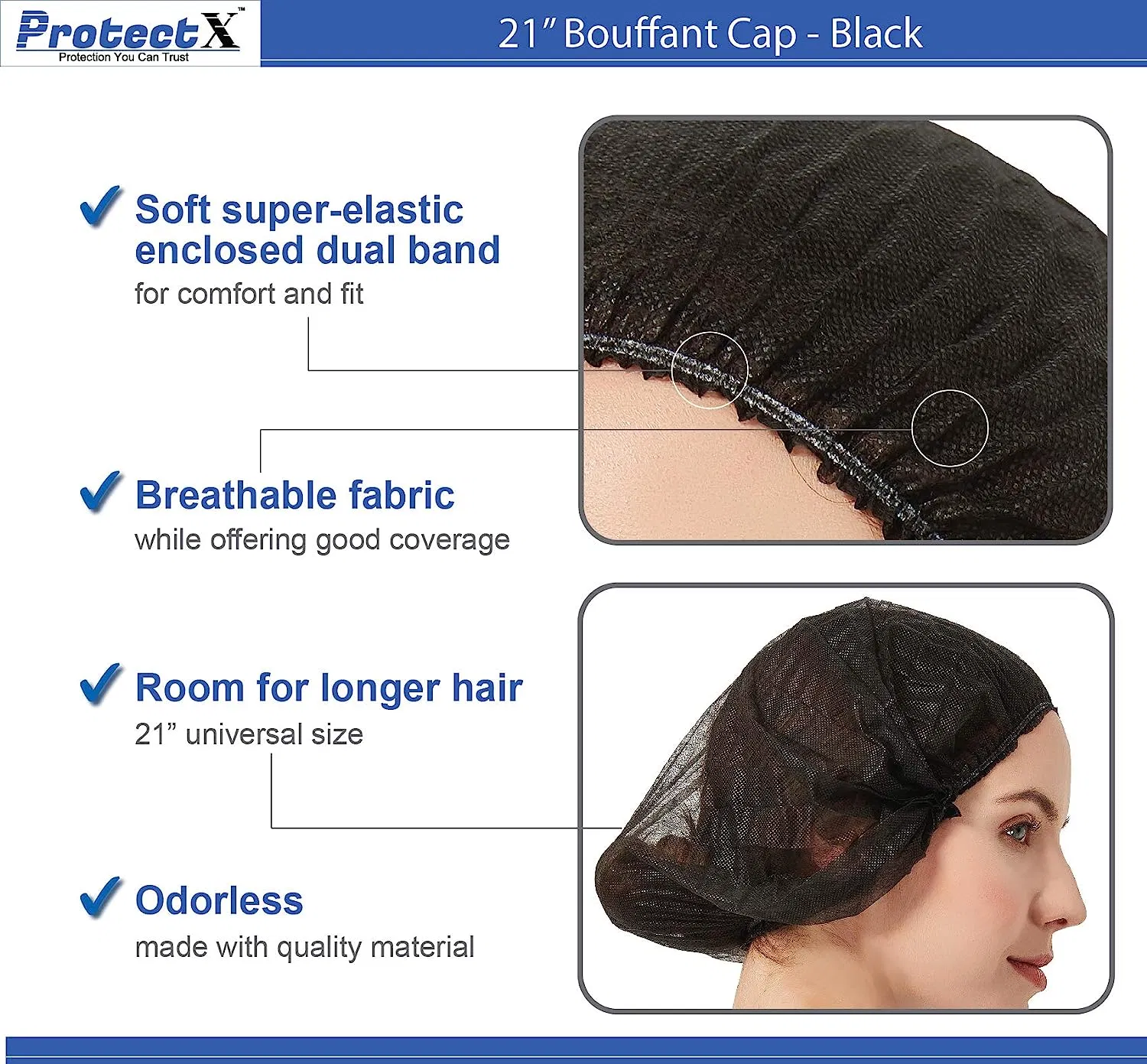 Disposable Hair Nets, Elastic Head Cover, Bouffant Caps, Sanitation Head Cover for Food Service, SPA Men & Women