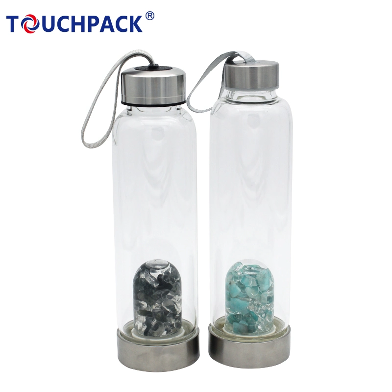 Wholesale Natural Crystal Gravel Infused Glass Drinking Crystal Water Bottle