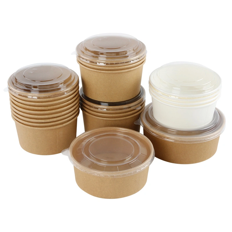 Custom Print Paper Lunch Bowl Disposable 24oz Soup Bowls Food Kraft Paper Salad Bowls Set with Lid