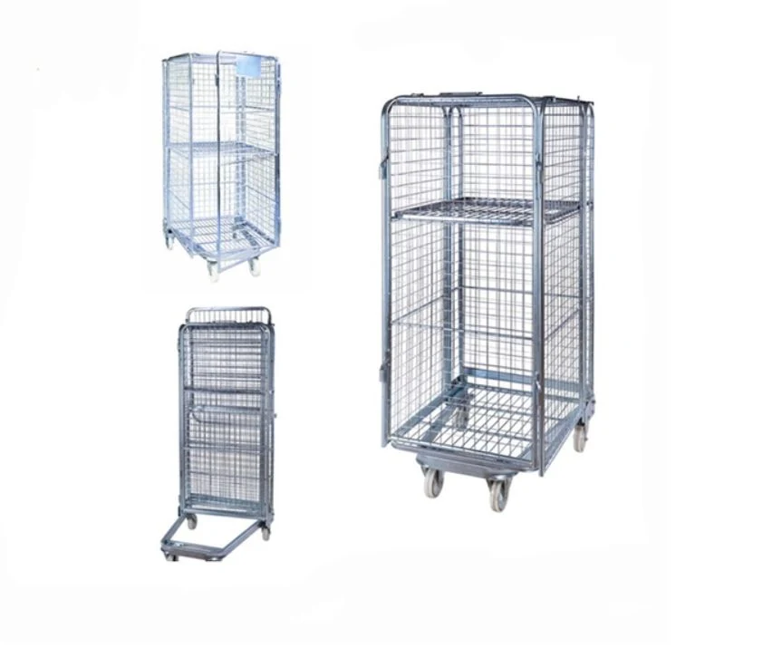 Galvanized Warehouse Logistics Nestable Foldable Steel Wire Mesh Roll Cage Pallet for European Supermarket