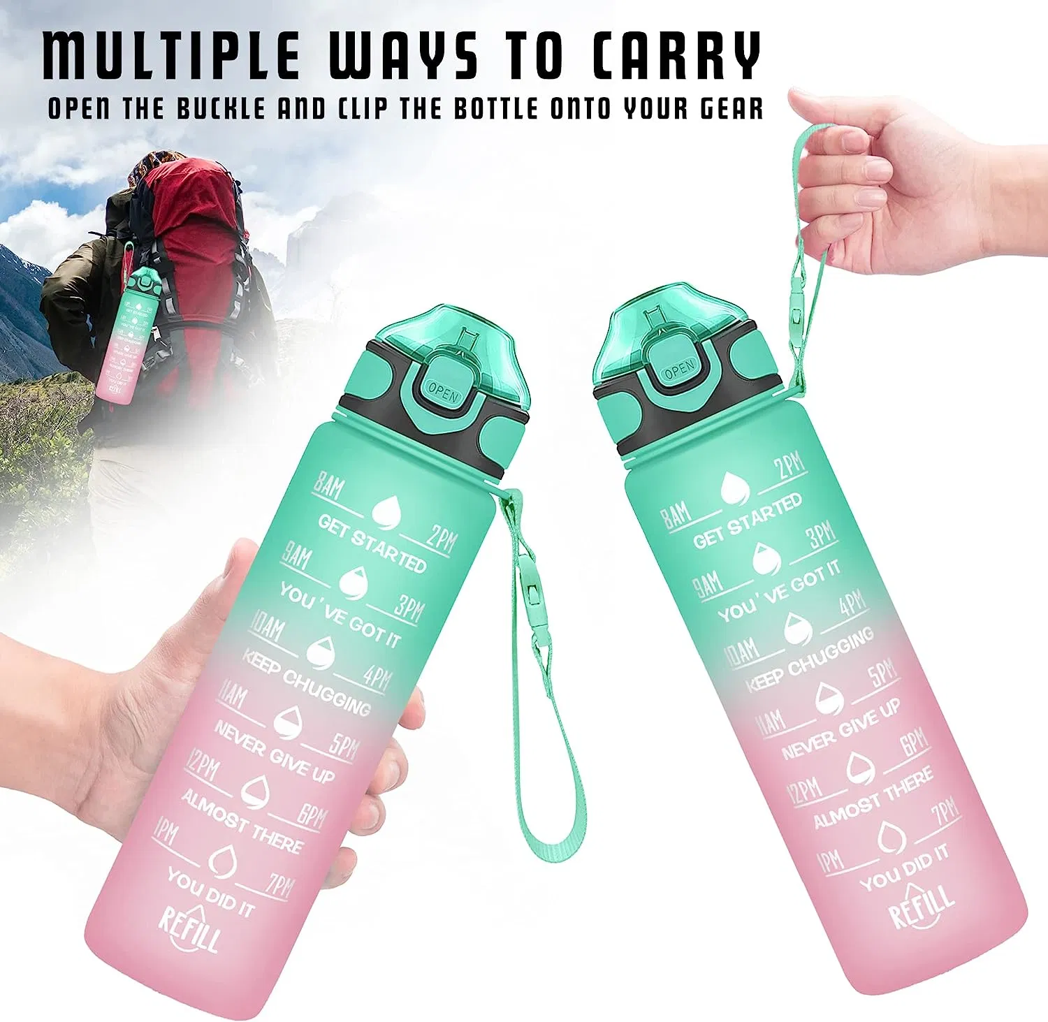 Garrafa de água Gradient Cor Motivational ginásio Fitness Esportes Atacado Hotsale 1 L Camping PC plástico Classic Drinkware adultos