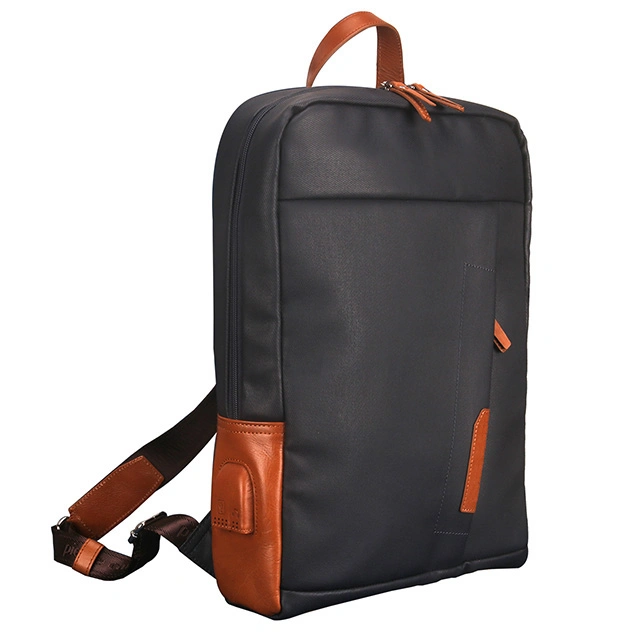 Fashion Travel Business Coated Canvas Genuine Leather Laptop Backpack Bag Manufacturer for Men Waterproof with USB Port