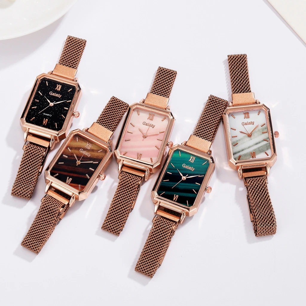 Las mujeres de la marca Fashion Square Damas Relojes pulsera reloj de cuarzo verde conjunto simple de Marcación de malla de oro rosa de las mujeres de lujo relojes