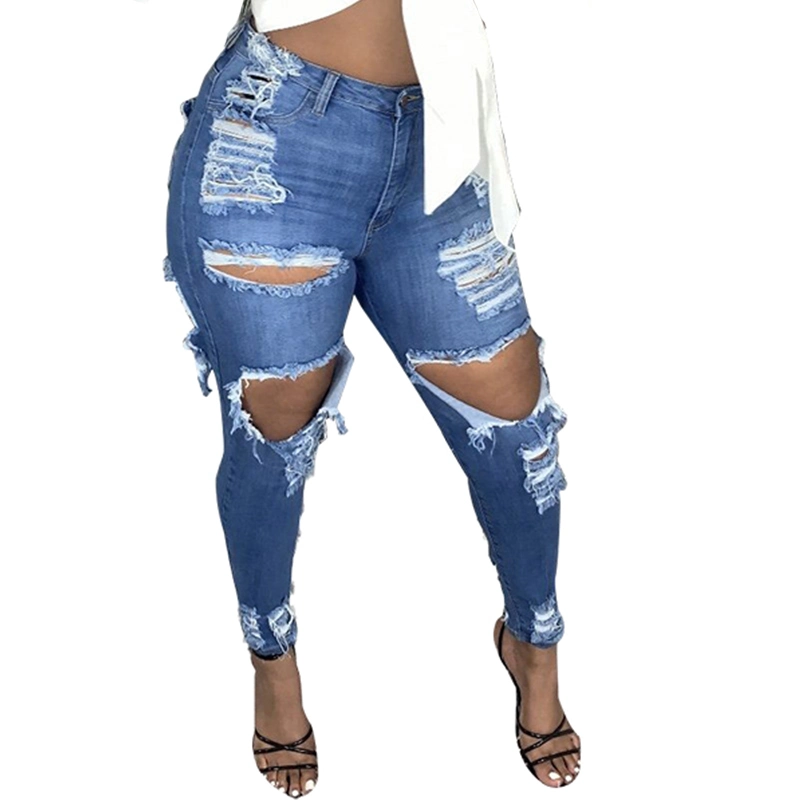 L99477 Wholesale Plus Size Denim High Waist Fashion Ripped Fringe Jeans