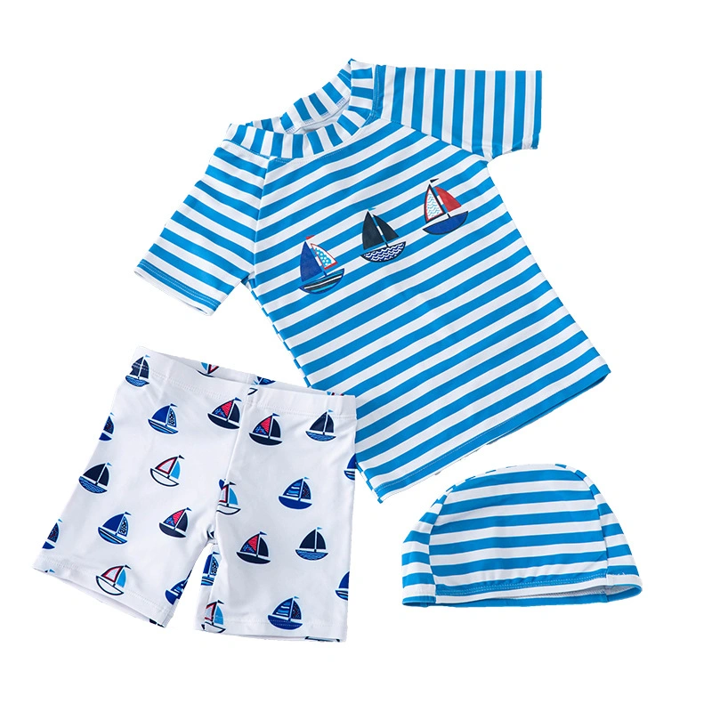 Kids Boy Short Sleeve Swimsuit 3PC Swimwear Set Child Swim Shirt+Trunk+Cap Baby Swimsuit Navy Wind Blue/Whtie Stripe Sailboat Split Rash Guard Bathing Suit 2-16