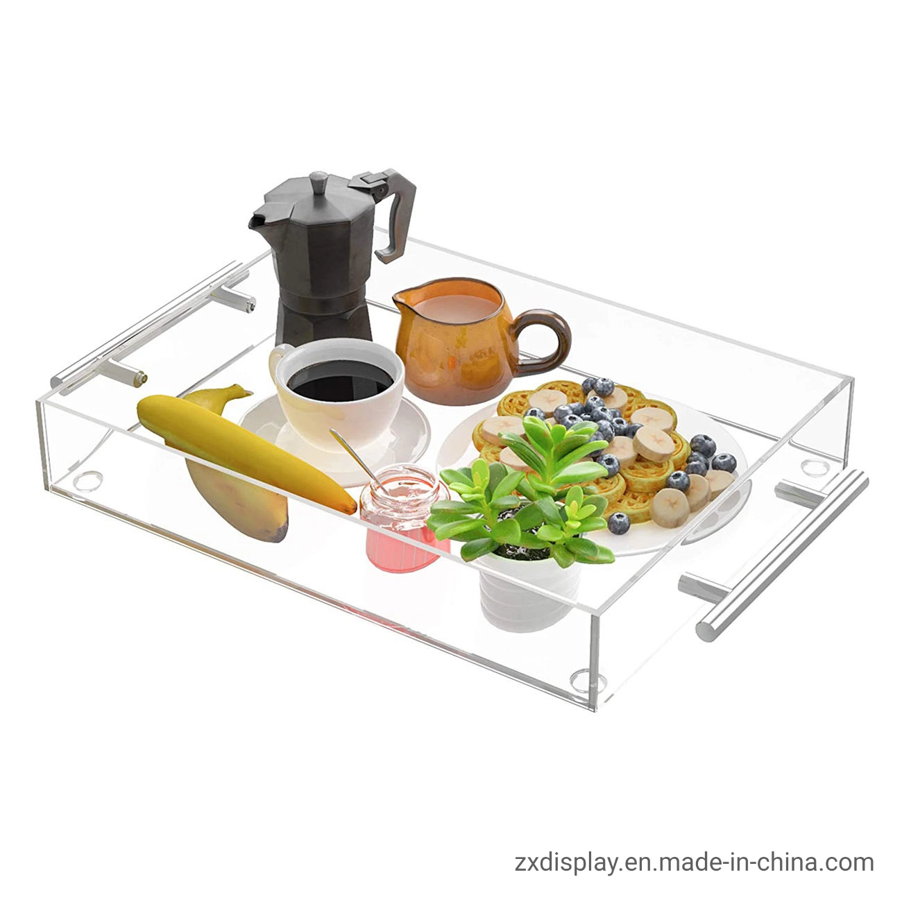 Restaurant Waterproof Clear Acrylic Serving Tray with Silver Handles