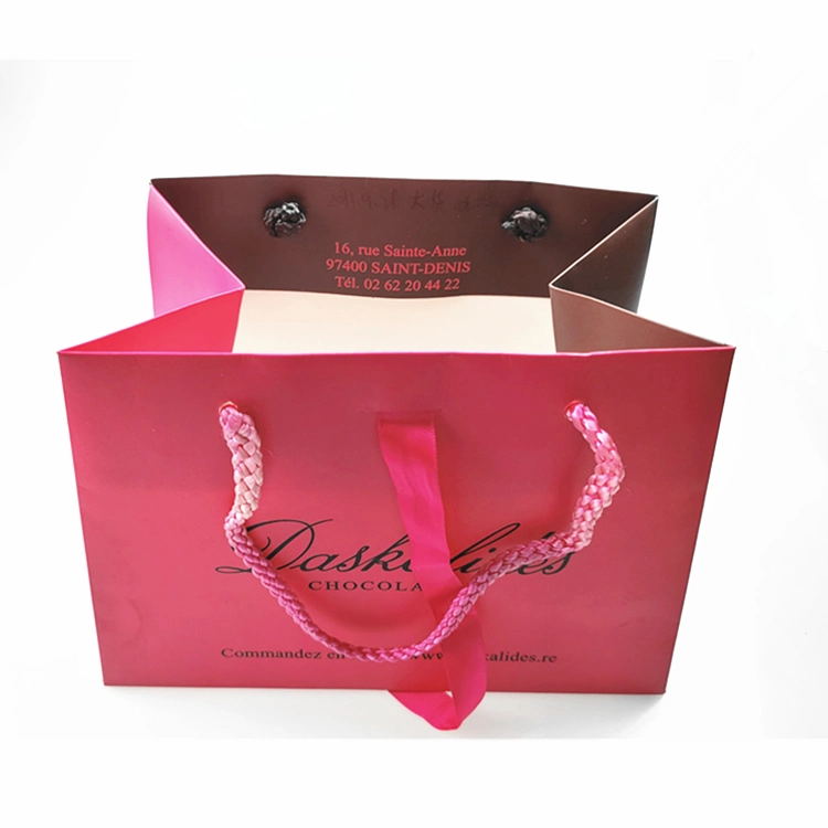 Lovely Ribbons Handle Pink Coffee Cmyk Printing Logo Rope Jewelry Paper Bag