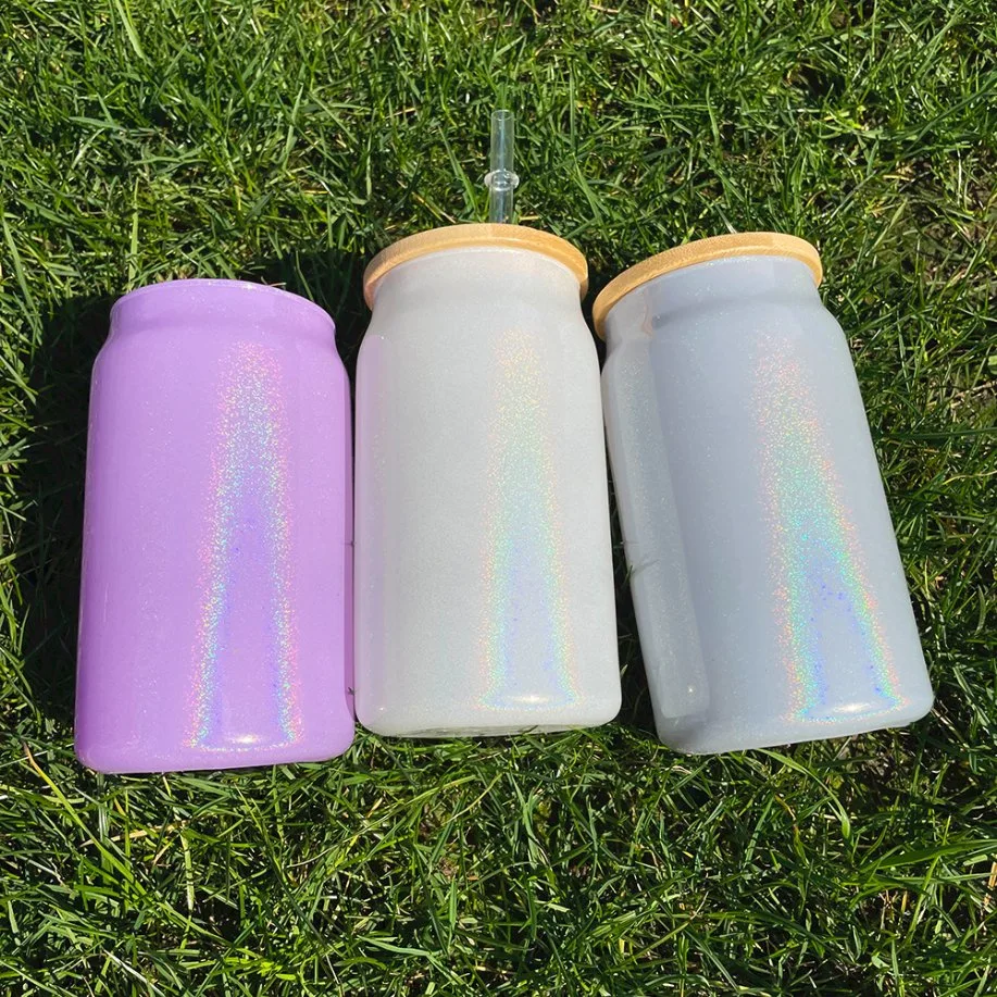 15oz 16oz 20oz Holographic Shimmer Glass Can Clear Sparkling Shimmer Beer Glass Can with Bamboo Lids Wholesale/Supplier Bulk