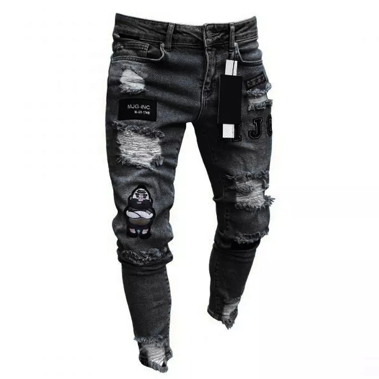 Nuevo estilo de los hombres angustiados destruido el distintivo de los pantalones Skinny Jeans ciclista de parches de arte