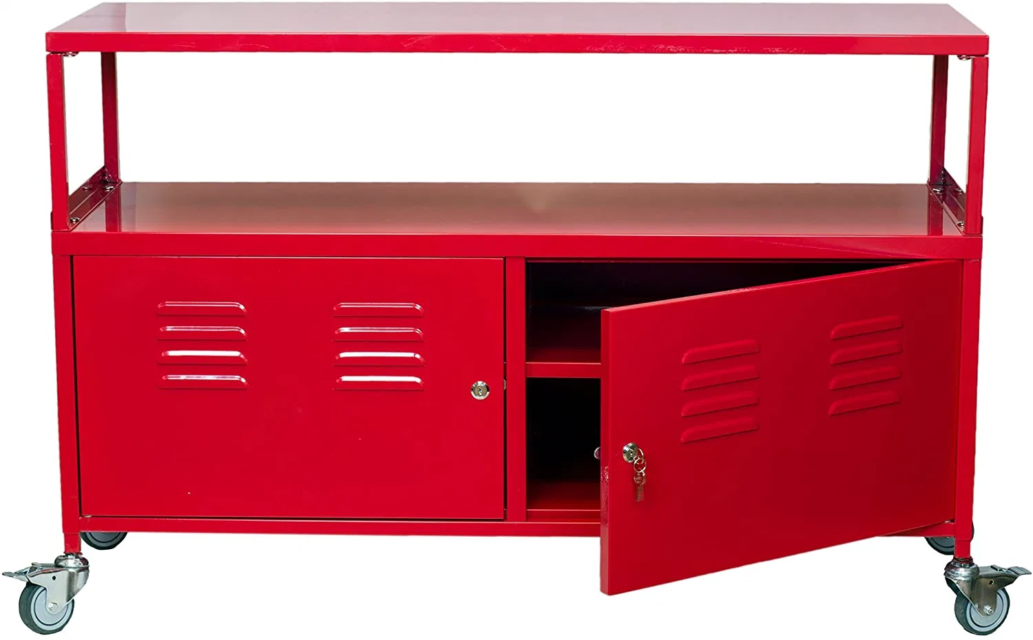 Metal Lockable TV Stand Cabinet Media Storage with Rolling Casters