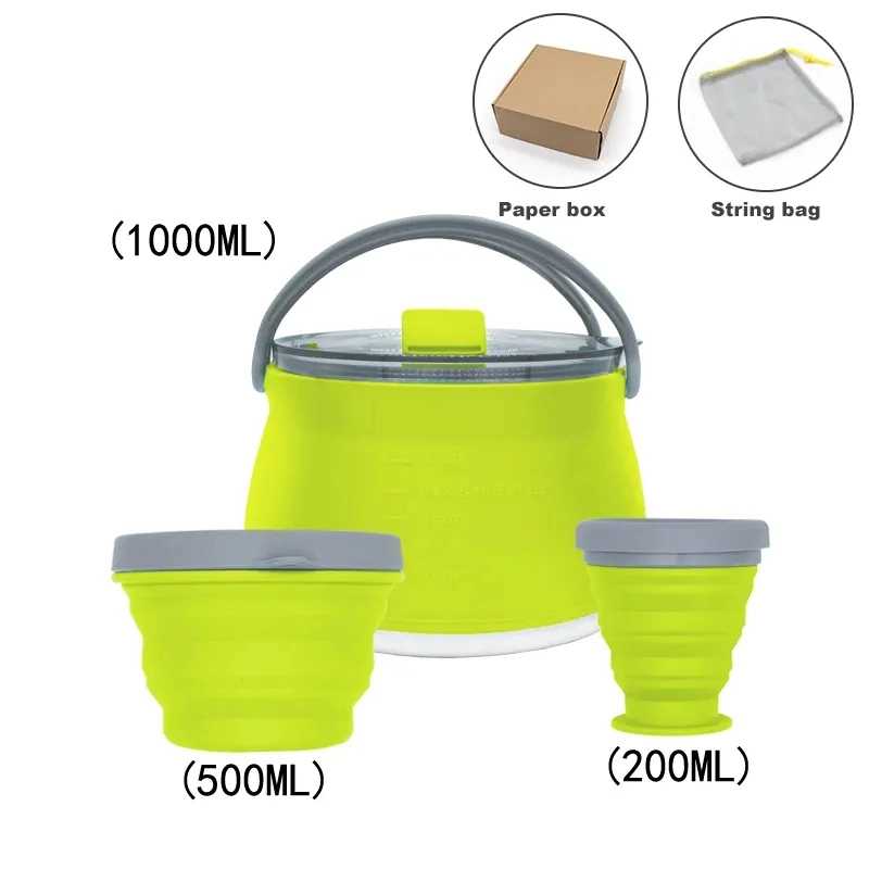 Three Plece Set Portable Silicone Camping Collapsible Kettle Pot Bowl Cups Cook Set with Custom Logo