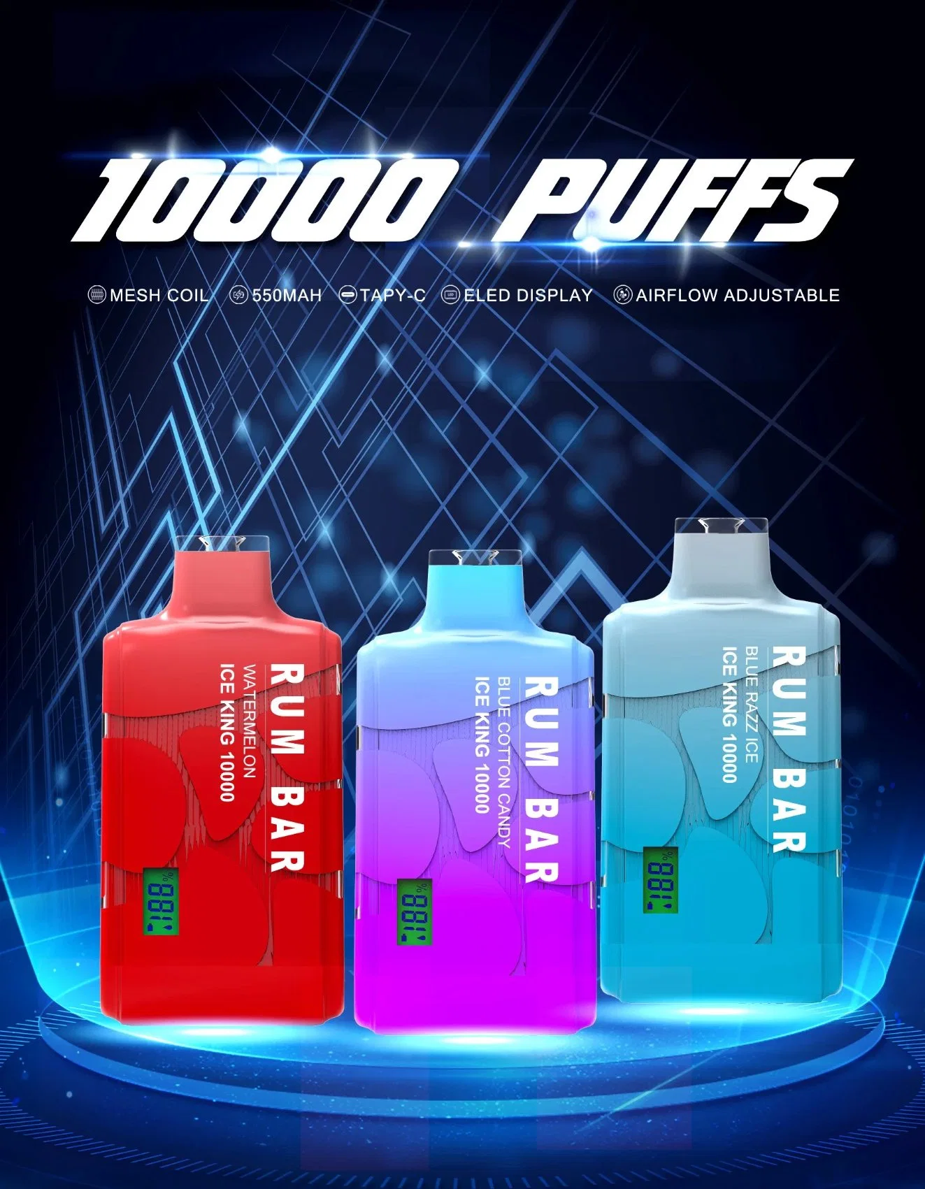 OEM ODM al por mayor Vapes desechables EE.UU. Rum Bar Ice King Pantalla 10000 Puffs lápiz VAPE desechable