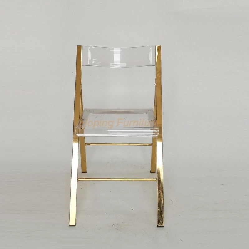 Cadeira para banquetes Carrry e fácil de dobrar com Golden Metal e. Cadeira de jantar em acrílico e costas para banquetes de casamento