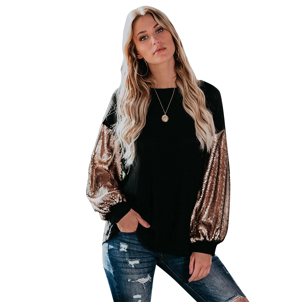 Nouveau style de l'automne et hiver chaud Fashion paillettes couture contrastée chandail lâche haut All-Match T Shirts Vêtements Vêtements femmes dame