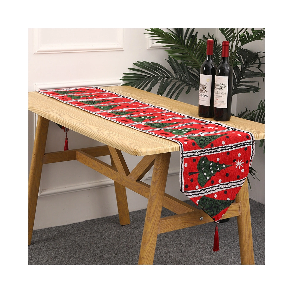 Linen Christmas 100% Dining Decoration Decorative Fabric Floral Printed Lace New Year 180cm with Placemats Red Table Runner