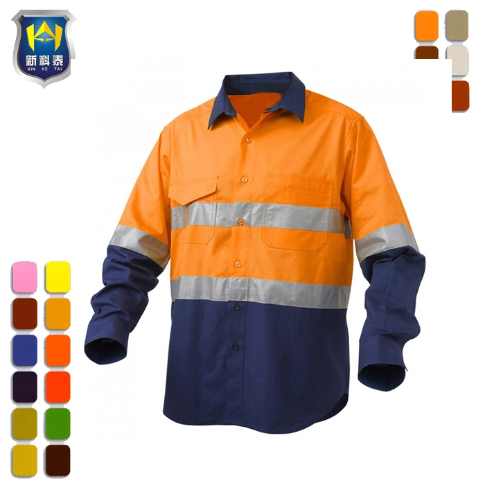 Long Sleeves Orange Breathable Cotton Mens Hi Vis Work Shirts Safety Reflective Shirt Clothing Protective