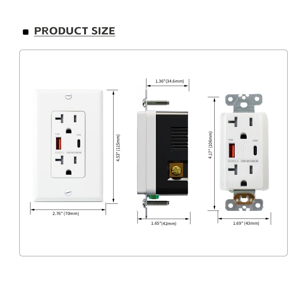 Hot Sale Electrical Socket 125V 20A Charger Phone Type-C 20W Pd Output Dual USB Fast Charger Duplex Receptacle