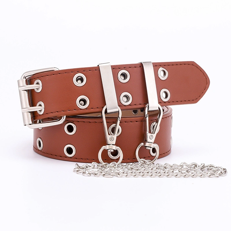 New Punk Style Double Eyelet PU Belt Women's Korean Style Jeans Fashion Chain Decoration Wide Belt Women