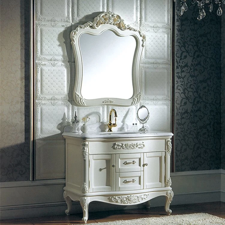 American Style Floor Standing off-White Solid Wooden Bathroom Vanity