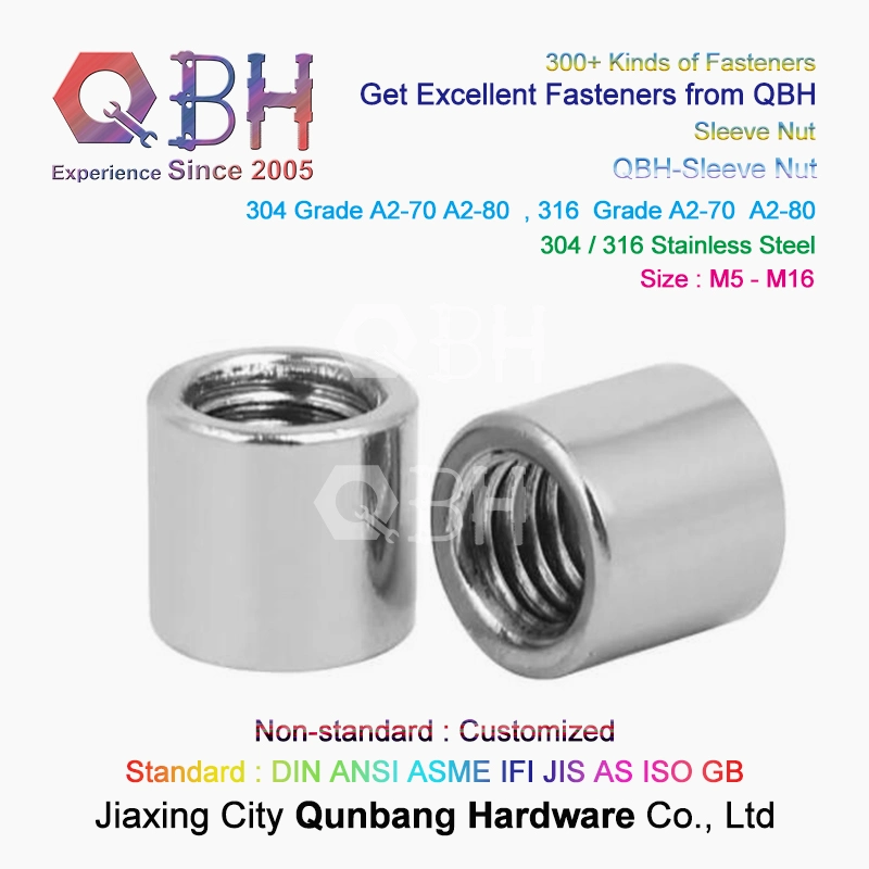 Qbh Customized Carbon Steel/Stainless Steel Zp/Yzp/Bzp/Plain/Black/HDG/Dacromet/Geomet/Nickle Plated Double Thread Nut Round Sleeve Stud Rod Coupling