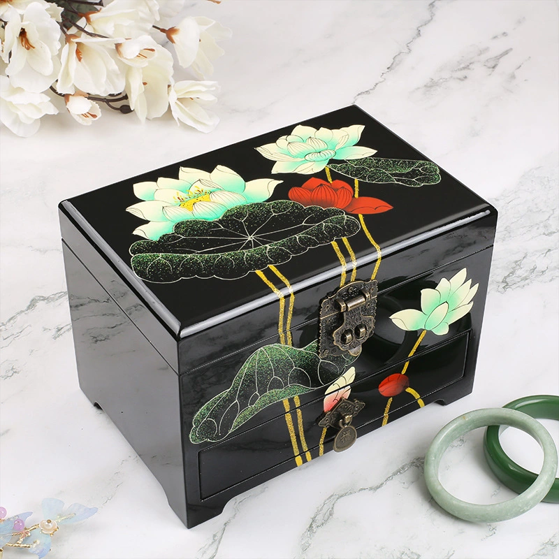 Lotus Pattern Summer Push Light Lacquerware Trousseau Case Double Jewelry Box