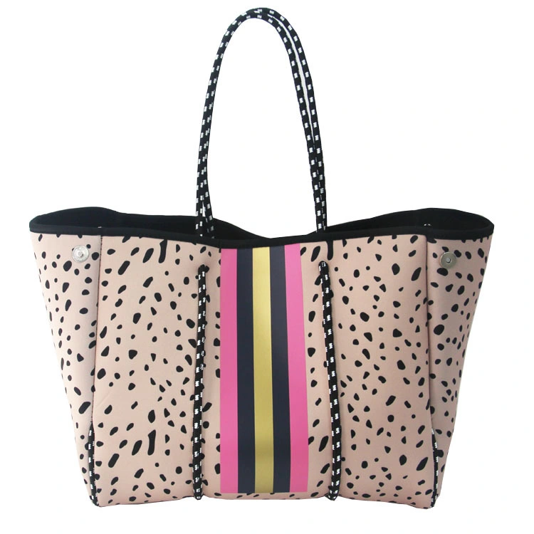 Custom Stripe Design Neoprene Fashion Customized Beach Handbag Waterproof Neoprene Beach Tote Bag