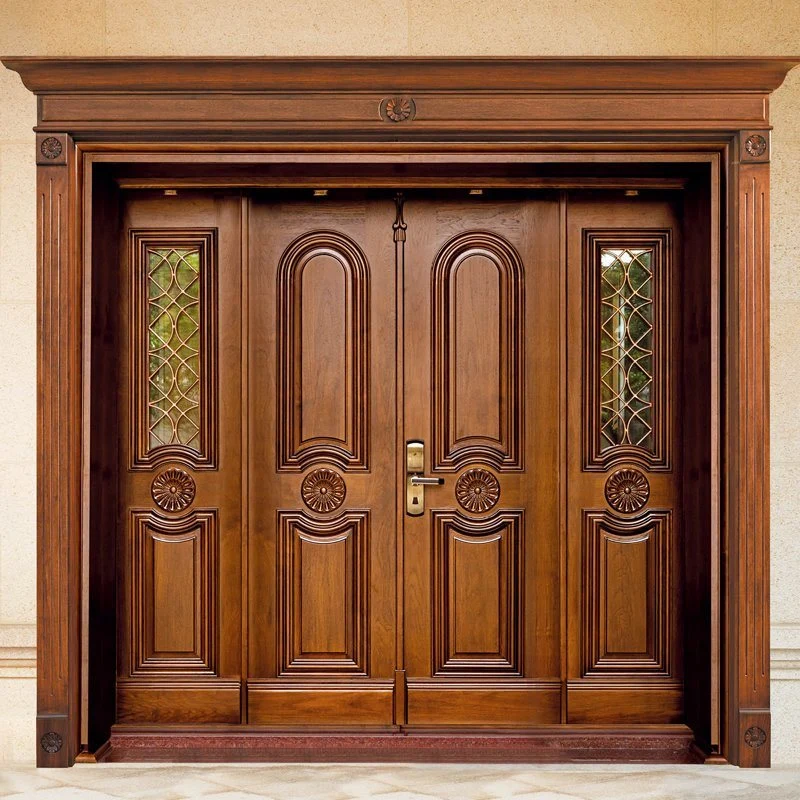 Diseño de puerta principal de madera redonda de lujo con ventana de vidrio para protección moderna contra robos en residencias