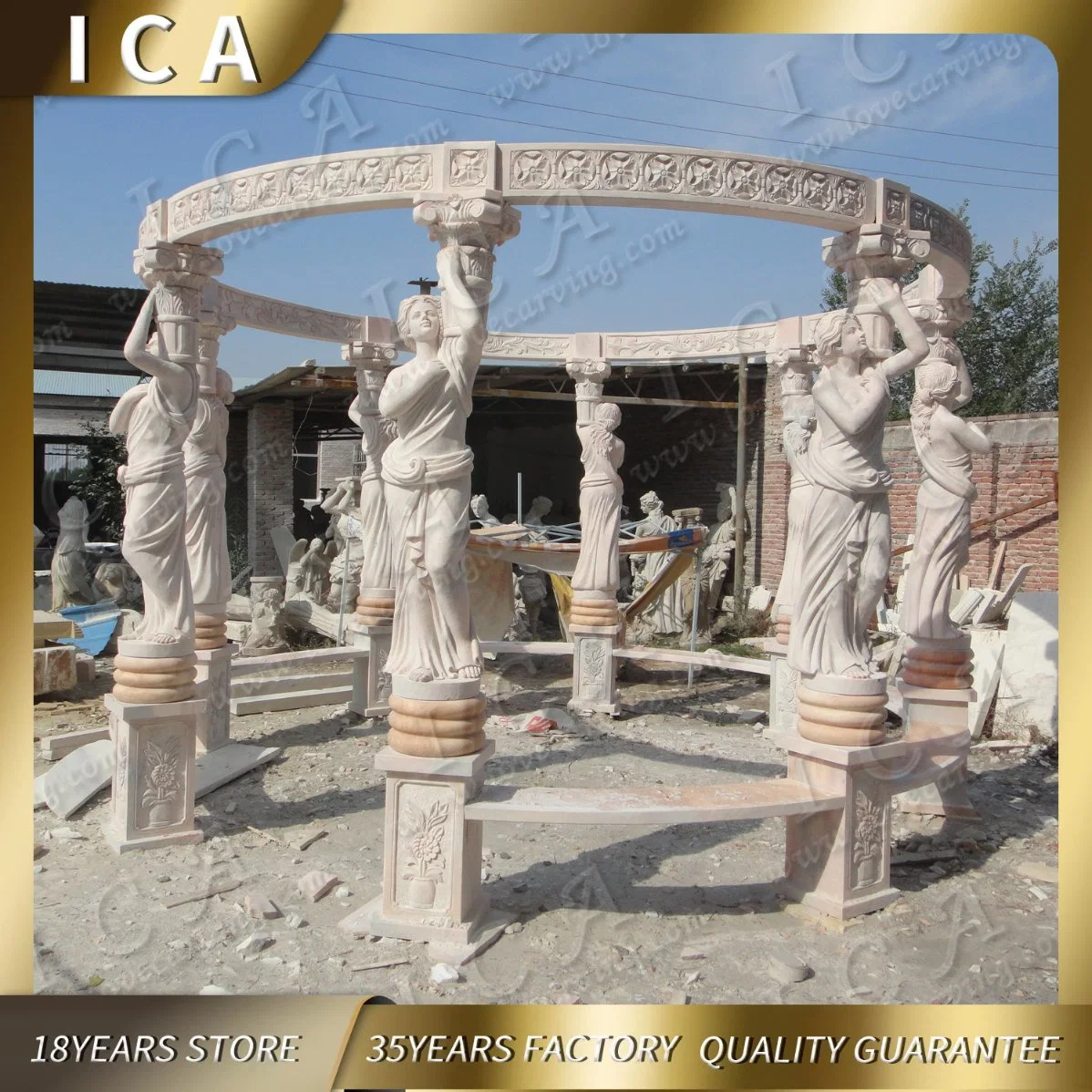 Large Sculpture Column Granite or Marble Gazebo with Iron Roof