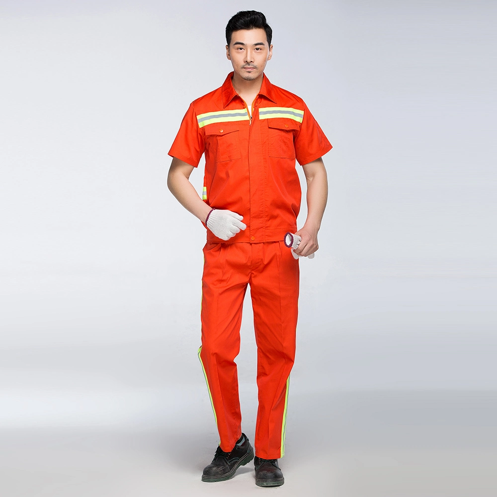 Unisex Orange Short Sleeve Sanitation Workers Night Reflective Zipper Jackets Pants Set Engineering Work Wear Workshop Uniforms