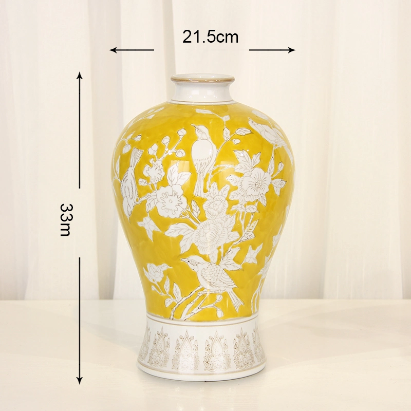 V145 Chinese Style Antique Wedding Table Ornament Ceramic Vases Single Yellow Flower Vase for House