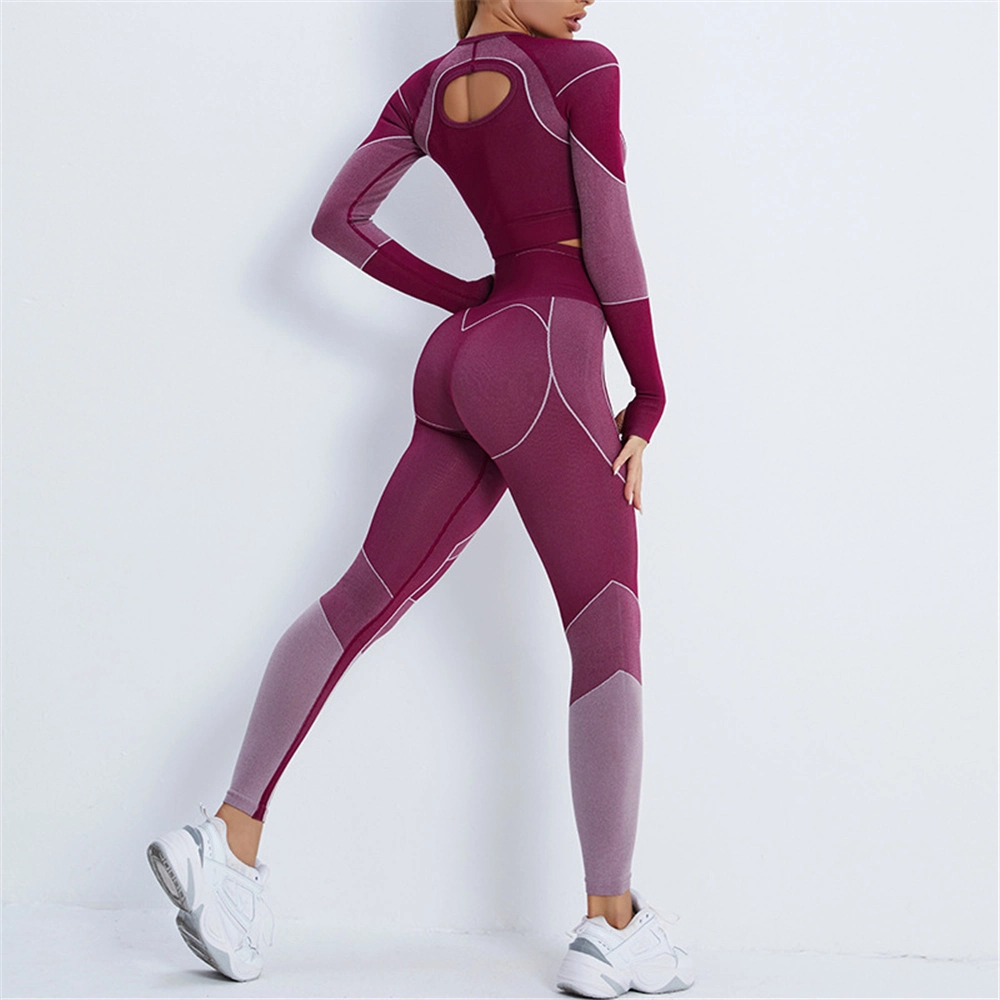 2022 New Color Tracksuit Women&prime; S Seamless Yoga Suit Gym Wear Fitness Clothing High Waist Leggings Long Sleeve Crop Top Sportswear